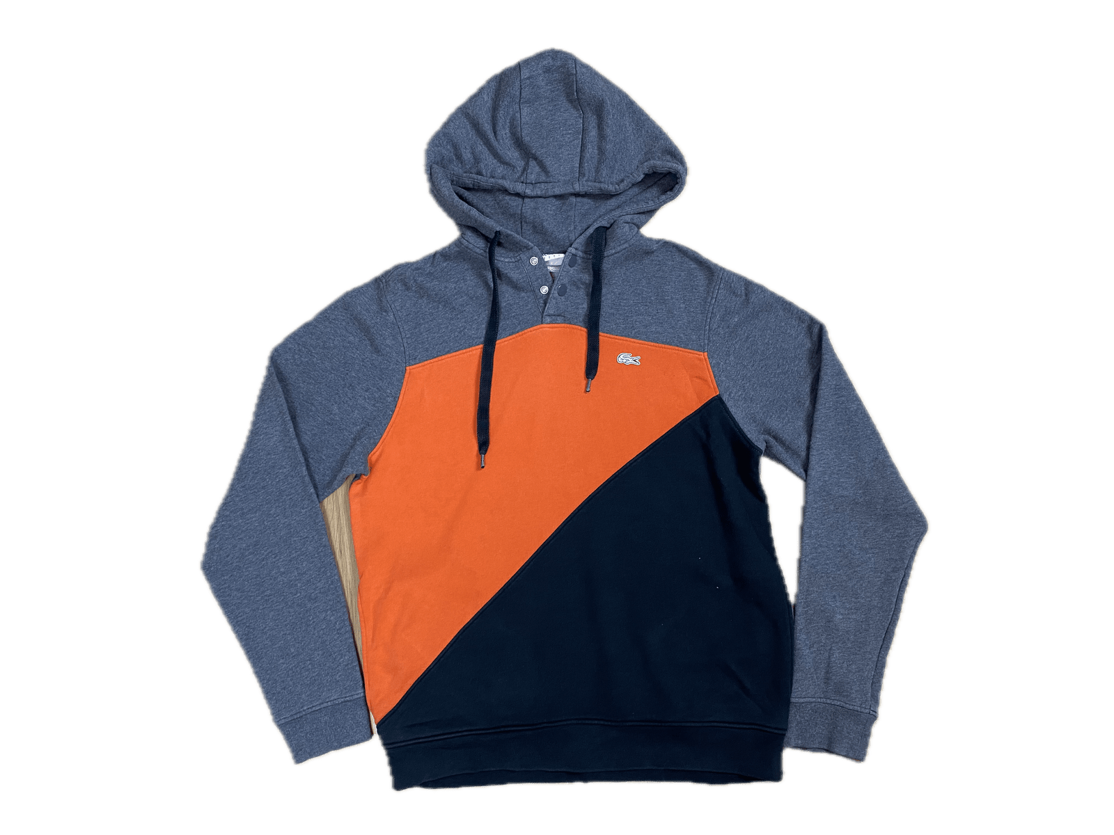 Lacoste Sport Hoodie Grau/Orange/Schwarz M - Schöner und Lockerer Pullover Vintage Klamotten, Secondhand Klamotten, Retro Mode, Nachhaltige Mode, Einzigartige Stücke, Zeitlose Mode, Umweltfreundliche Kleidung, Stilvolle Secondhand Mode, Hochwertige Vintage Kleidung