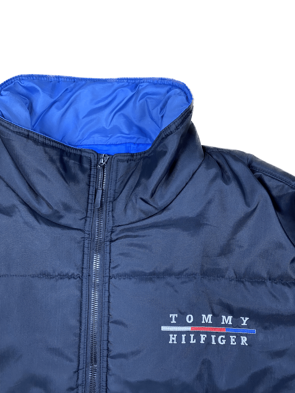 Tommy Hilfiger Puffer Jacke Schwarz/Blau/Weiß M - Dicke und Bequeme Herren Jacke Vintage Klamotten, Secondhand Klamotten, Retro Mode, Nachhaltige Mode, Einzigartige Stücke, Zeitlose Mode, Umweltfreundliche Kleidung, Stilvolle Secondhand Mode, Hochwertige Vintage Kleidung