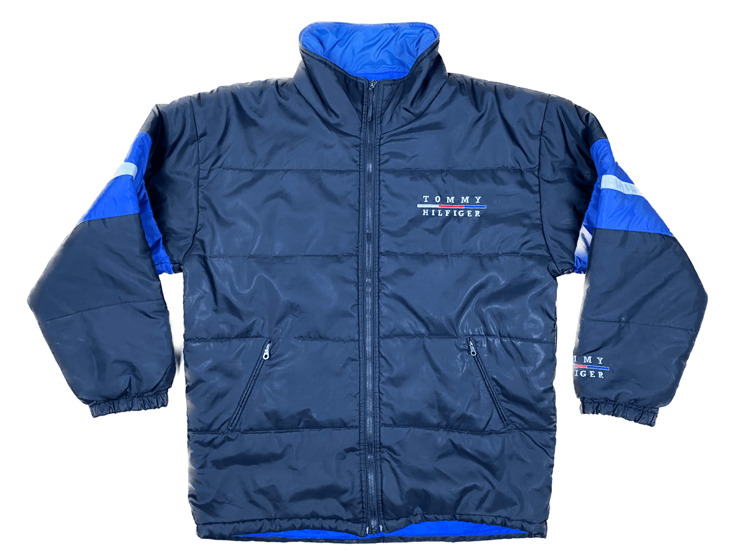 Tommy Hilfiger Puffer Jacke Schwarz/Blau/Weiß M - Dicke und Bequeme Herren Jacke Vintage Klamotten, Secondhand Klamotten, Retro Mode, Nachhaltige Mode, Einzigartige Stücke, Zeitlose Mode, Umweltfreundliche Kleidung, Stilvolle Secondhand Mode, Hochwertige Vintage Kleidung