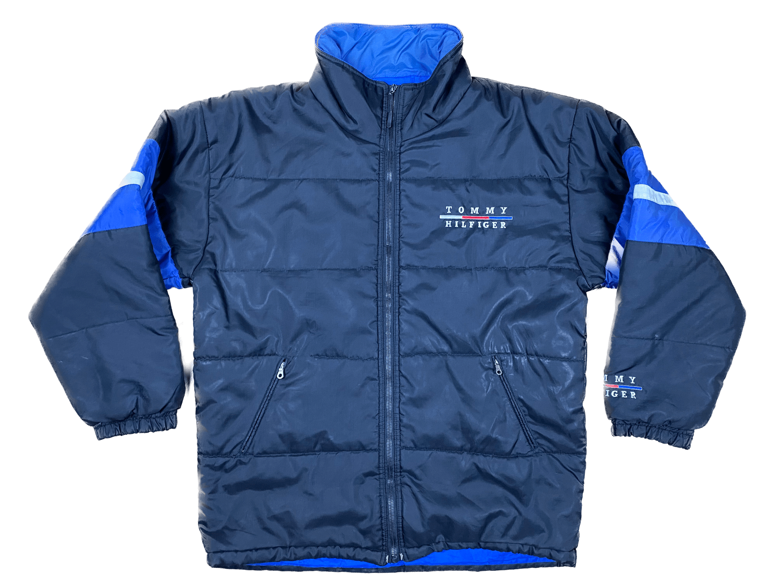 Tommy Hilfiger Puffer Jacke Schwarz/Blau/Weiß M - Dicke und Bequeme Herren Jacke Vintage Klamotten, Secondhand Klamotten, Retro Mode, Nachhaltige Mode, Einzigartige Stücke, Zeitlose Mode, Umweltfreundliche Kleidung, Stilvolle Secondhand Mode, Hochwertige Vintage Kleidung