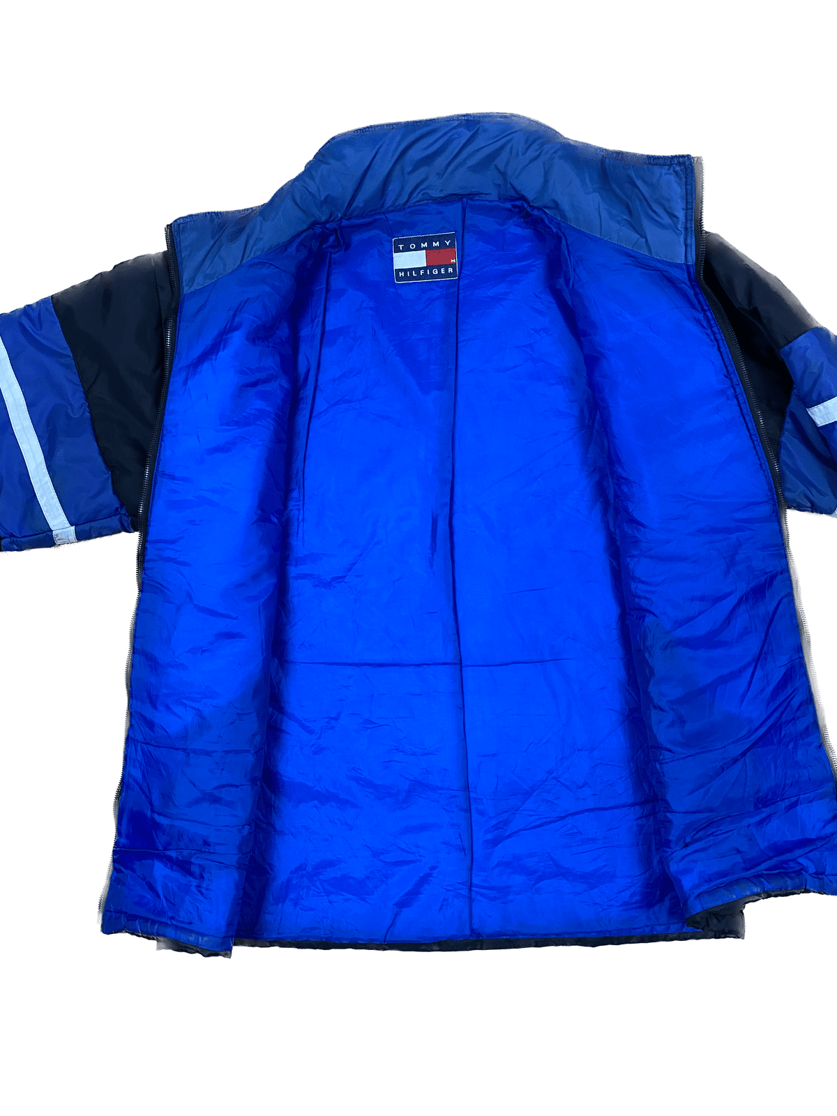 Tommy Hilfiger Puffer Jacke Schwarz/Blau/Weiß M - Dicke und Bequeme Herren Jacke Vintage Klamotten, Secondhand Klamotten, Retro Mode, Nachhaltige Mode, Einzigartige Stücke, Zeitlose Mode, Umweltfreundliche Kleidung, Stilvolle Secondhand Mode, Hochwertige Vintage Kleidung