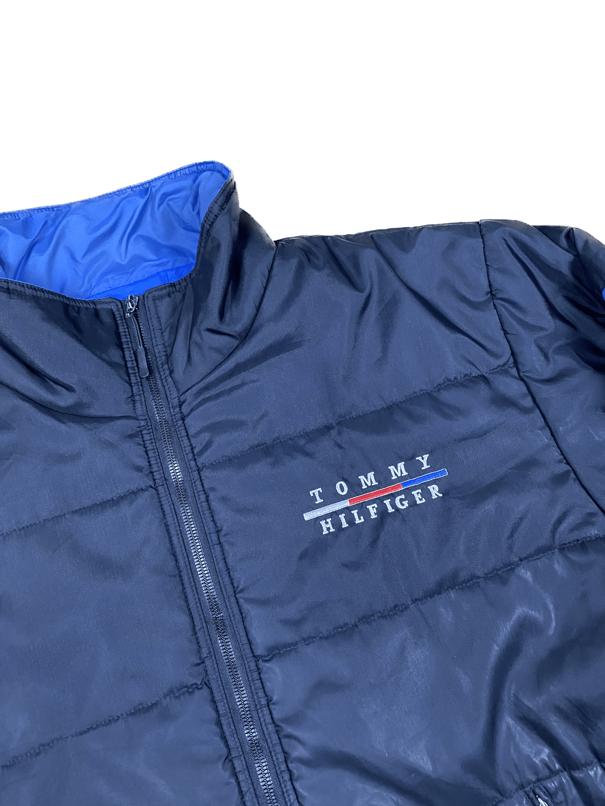 Tommy Hilfiger Puffer Jacke Schwarz/Blau/Weiß M - Dicke und Bequeme Herren Jacke Vintage Klamotten, Secondhand Klamotten, Retro Mode, Nachhaltige Mode, Einzigartige Stücke, Zeitlose Mode, Umweltfreundliche Kleidung, Stilvolle Secondhand Mode, Hochwertige Vintage Kleidung