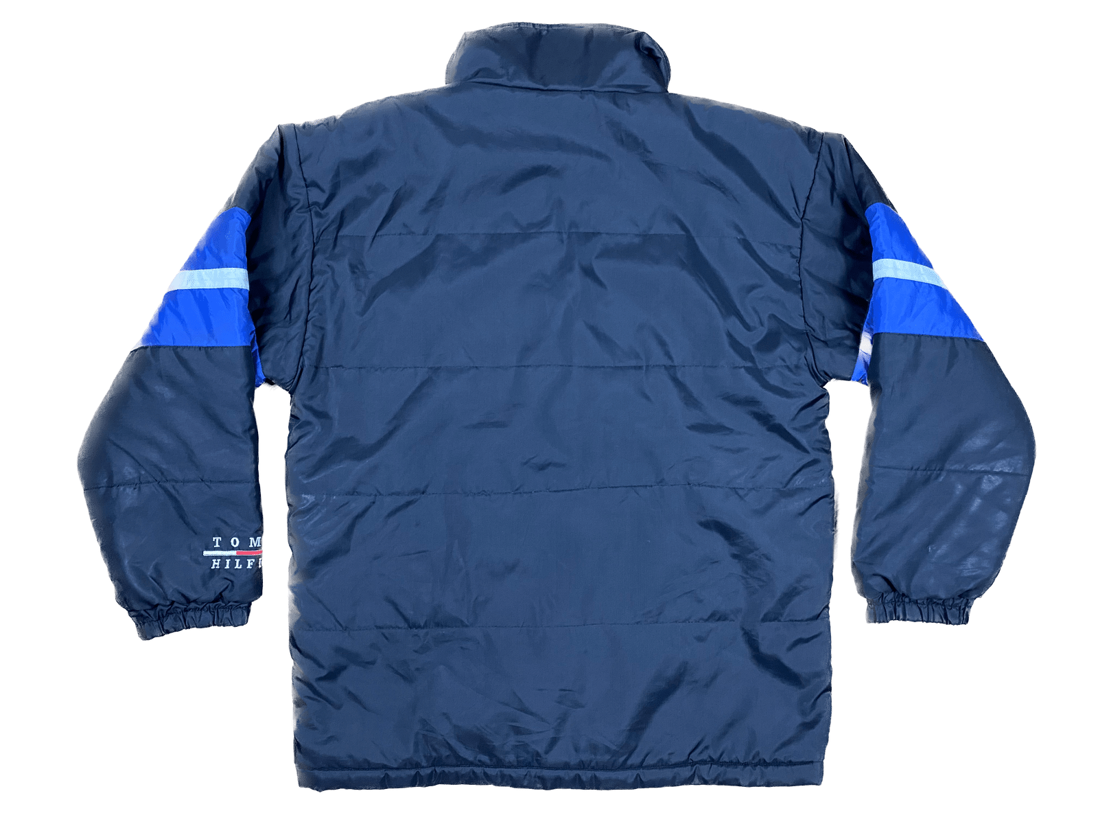 Tommy Hilfiger Puffer Jacke Schwarz/Blau/Weiß M - Dicke und Bequeme Herren Jacke Vintage Klamotten, Secondhand Klamotten, Retro Mode, Nachhaltige Mode, Einzigartige Stücke, Zeitlose Mode, Umweltfreundliche Kleidung, Stilvolle Secondhand Mode, Hochwertige Vintage Kleidung