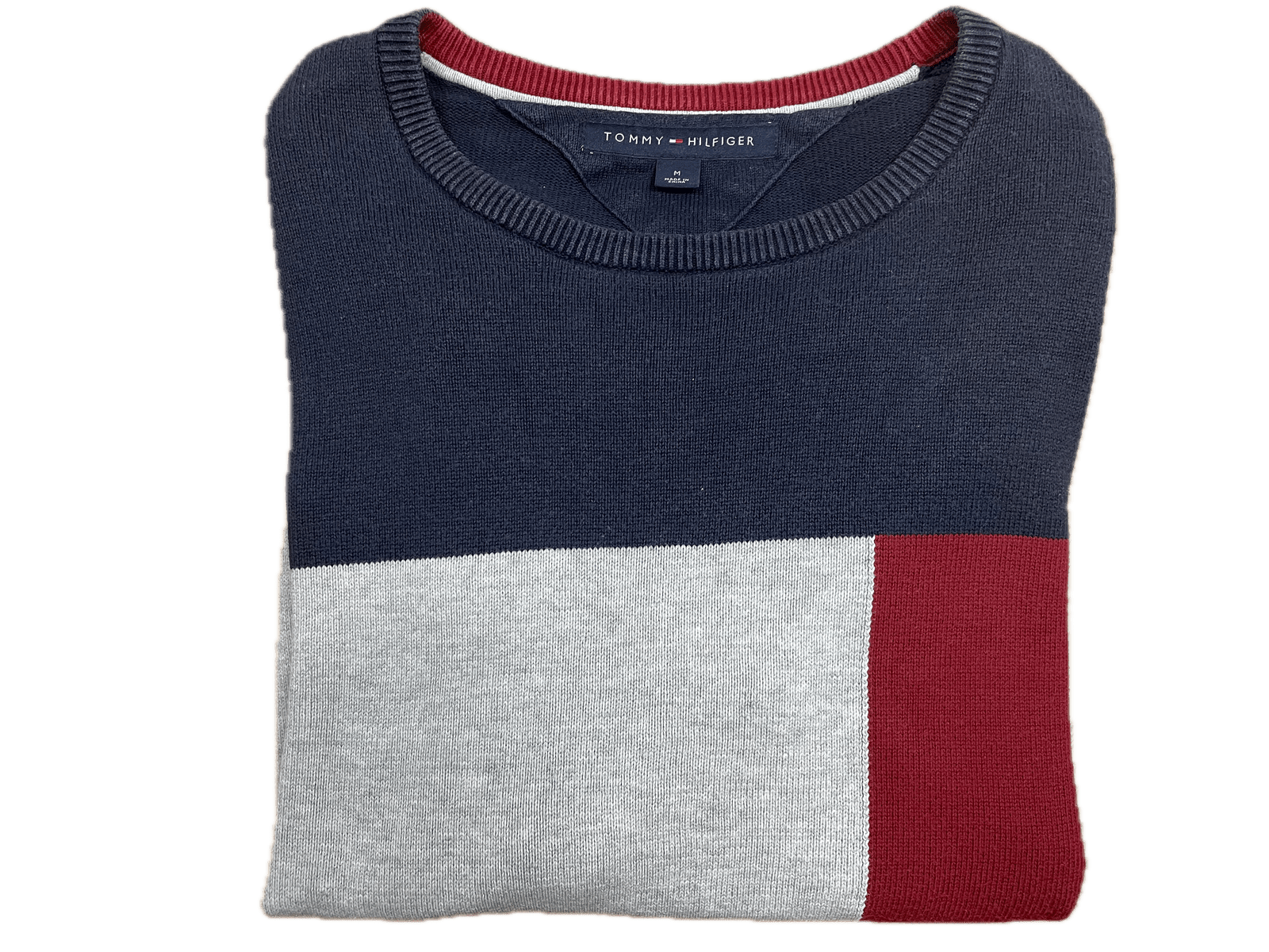 Tommy Hilfiger Sweater Grau/Rot/Dunkelblau M - Klassischer und Bequemer Pullover Vintage Klamotten, Secondhand Klamotten, Retro Mode, Nachhaltige Mode, Einzigartige Stücke, Zeitlose Mode, Umweltfreundliche Kleidung, Stilvolle Secondhand Mode, Hochwertige Vintage Kleidung