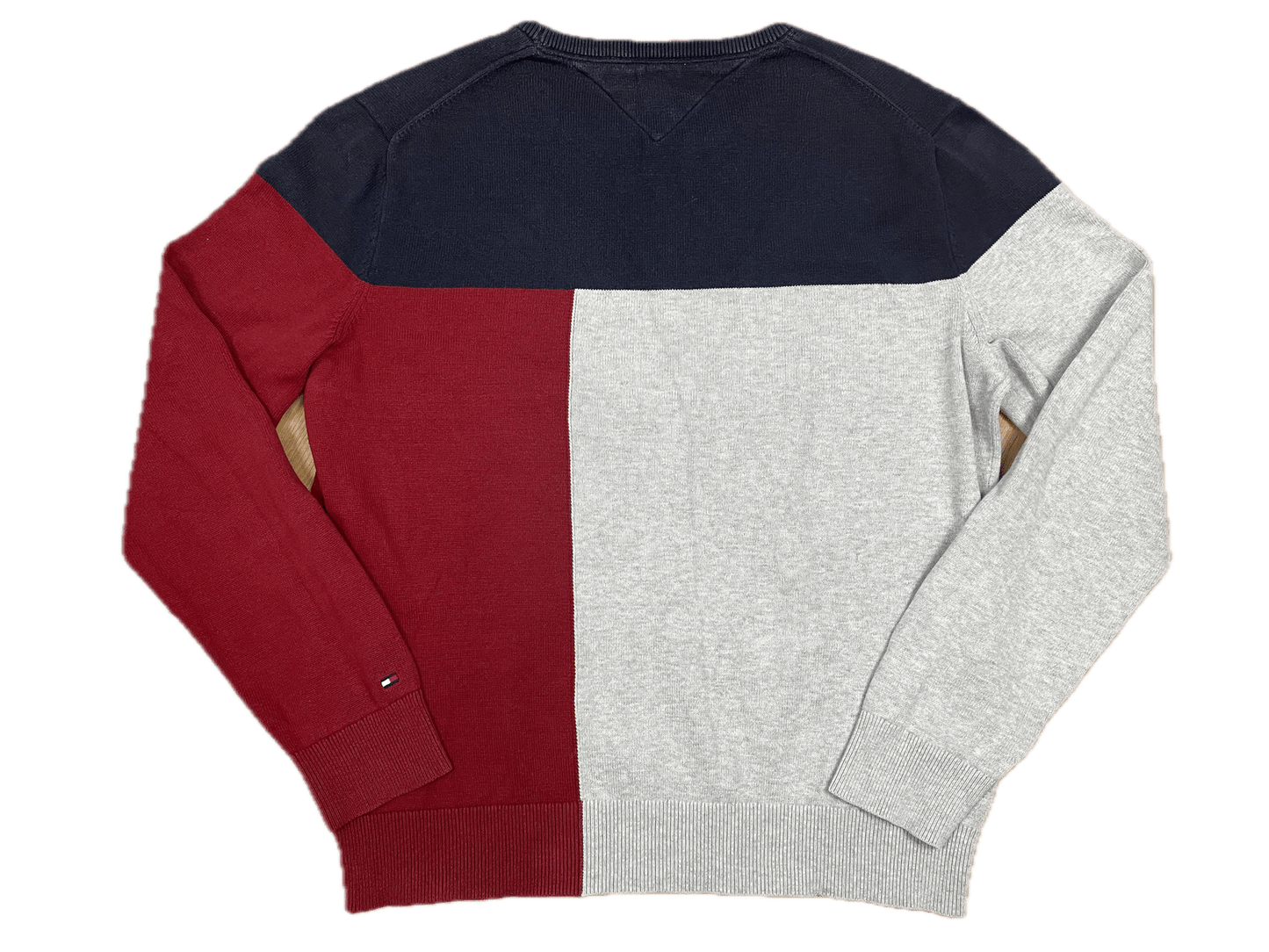 Tommy Hilfiger Sweater Grau/Rot/Dunkelblau M - Klassischer und Bequemer Pullover Vintage Klamotten, Secondhand Klamotten, Retro Mode, Nachhaltige Mode, Einzigartige Stücke, Zeitlose Mode, Umweltfreundliche Kleidung, Stilvolle Secondhand Mode, Hochwertige Vintage Kleidung