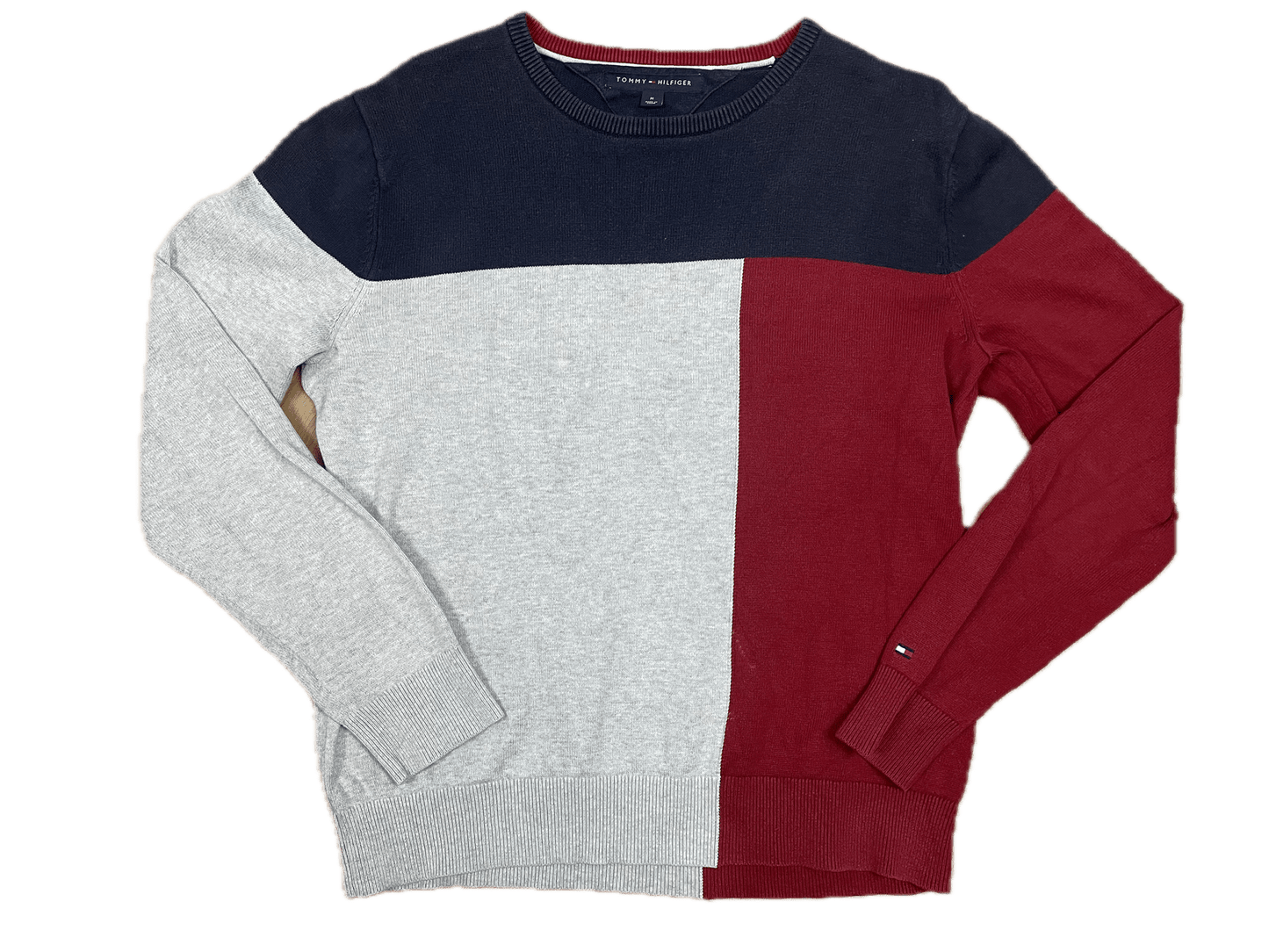 Tommy Hilfiger Sweater Grau/Rot/Dunkelblau M - Klassischer und Bequemer Pullover Vintage Klamotten, Secondhand Klamotten, Retro Mode, Nachhaltige Mode, Einzigartige Stücke, Zeitlose Mode, Umweltfreundliche Kleidung, Stilvolle Secondhand Mode, Hochwertige Vintage Kleidung