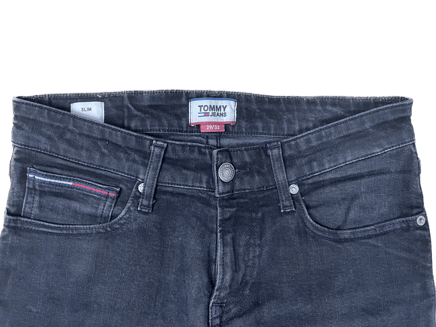 Tommy Jeans Schwarze Jeans-Hose Slim 29/32 Schwarz M - Schlichte Herren Jeans Vintage Klamotten, Secondhand Klamotten, Retro Mode, Nachhaltige Mode, Einzigartige Stücke, Zeitlose Mode, Umweltfreundliche Kleidung, Stilvolle Secondhand Mode, Hochwertige Vintage Kleidung