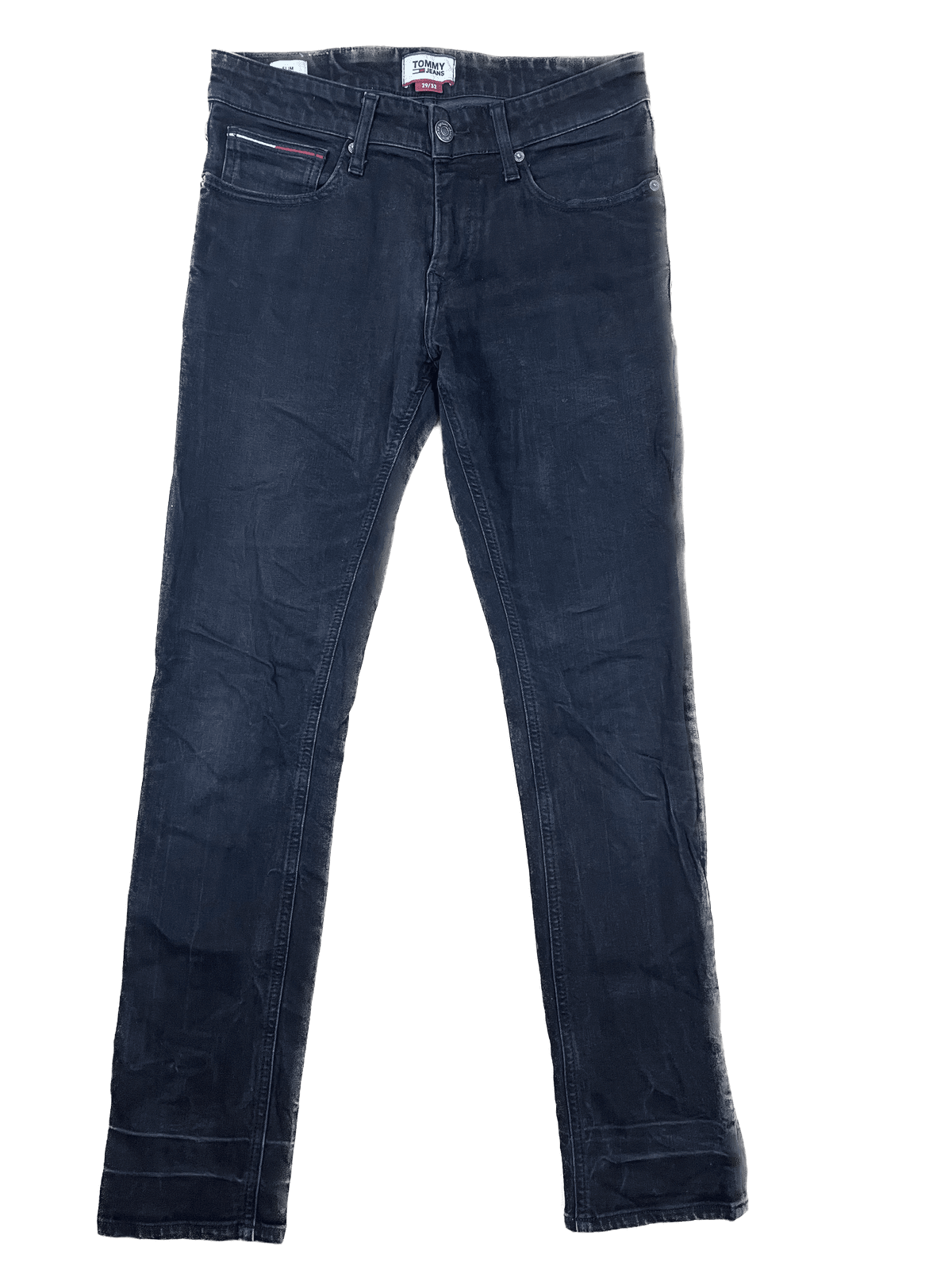 Tommy Jeans Schwarze Jeans-Hose Slim 29/32 Schwarz M - Schlichte Herren Jeans Vintage Klamotten, Secondhand Klamotten, Retro Mode, Nachhaltige Mode, Einzigartige Stücke, Zeitlose Mode, Umweltfreundliche Kleidung, Stilvolle Secondhand Mode, Hochwertige Vintage Kleidung